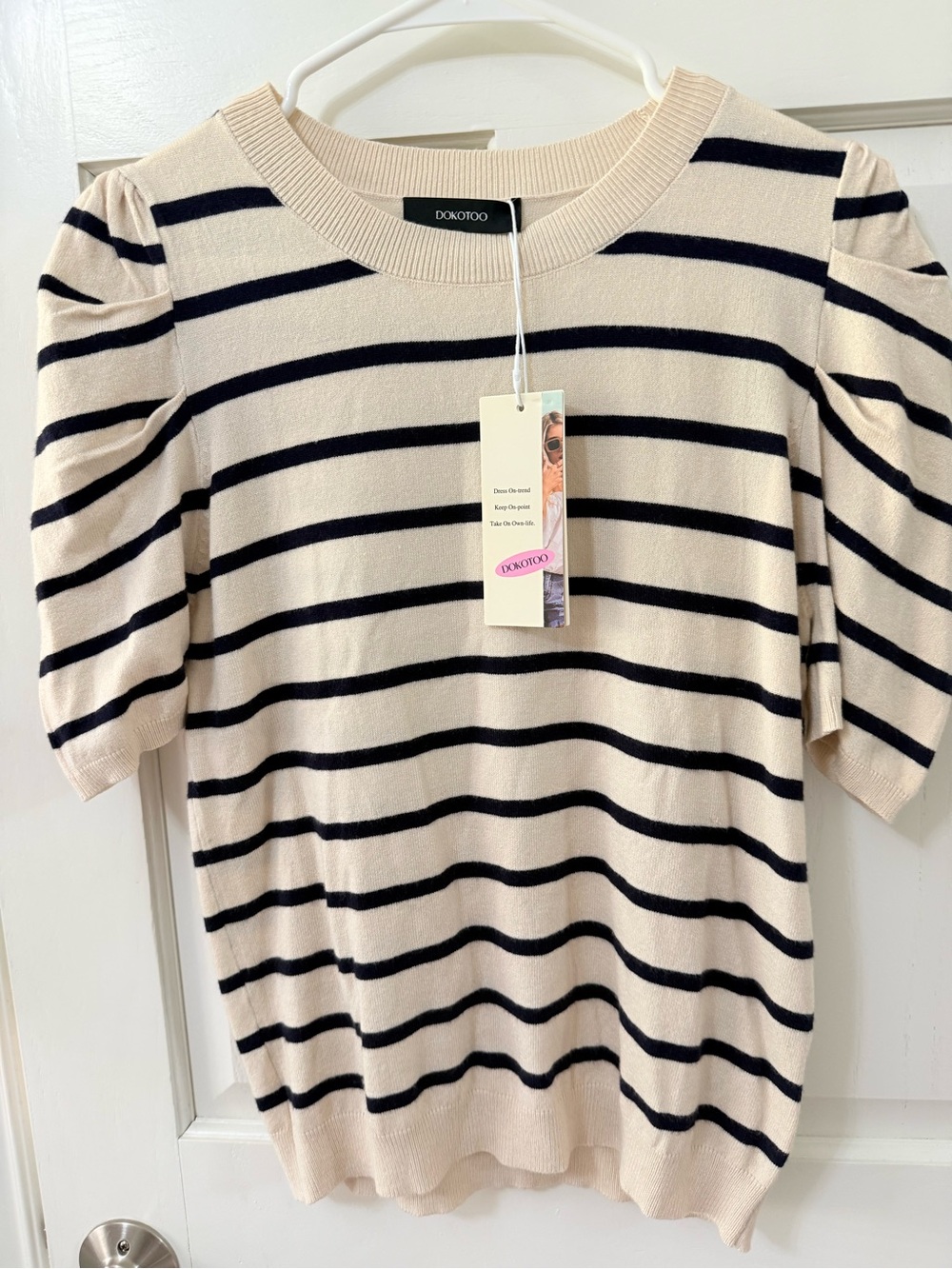 DOKOTOO Cream and Black Striped Puff-Sleeve Knit Top